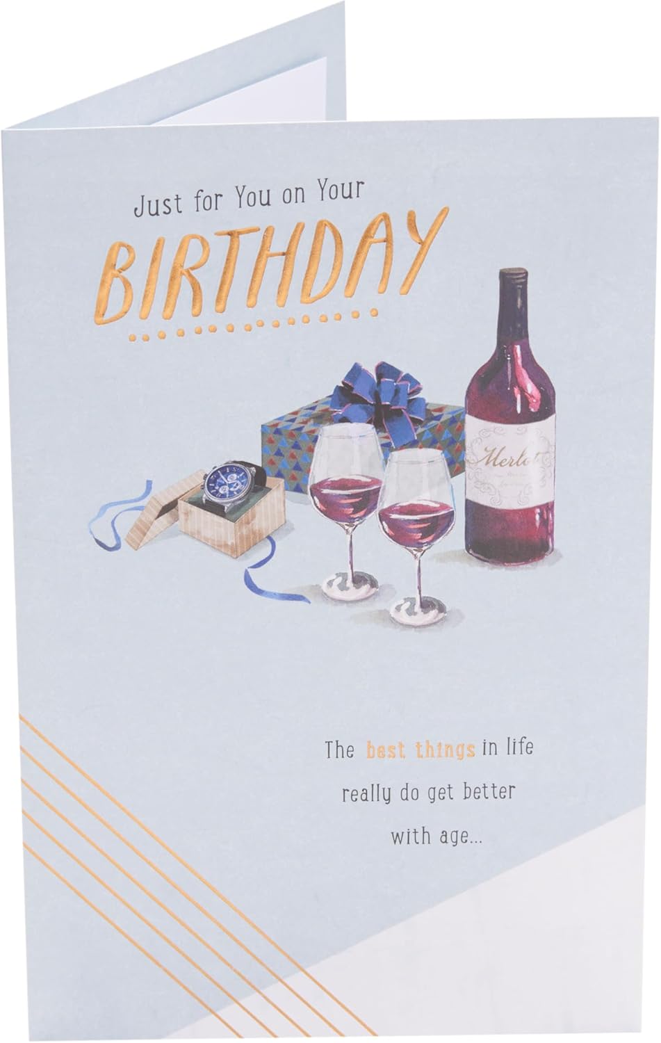 UK Greetings Watch & Wine Design birthday greeting card with colorful illustrations and festive design, perfect for celebrating birthdays.