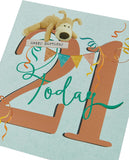 Boofle 21st birthday greeting card by UK Greetings, featuring cute cartoon dog design and colorful birthday message.