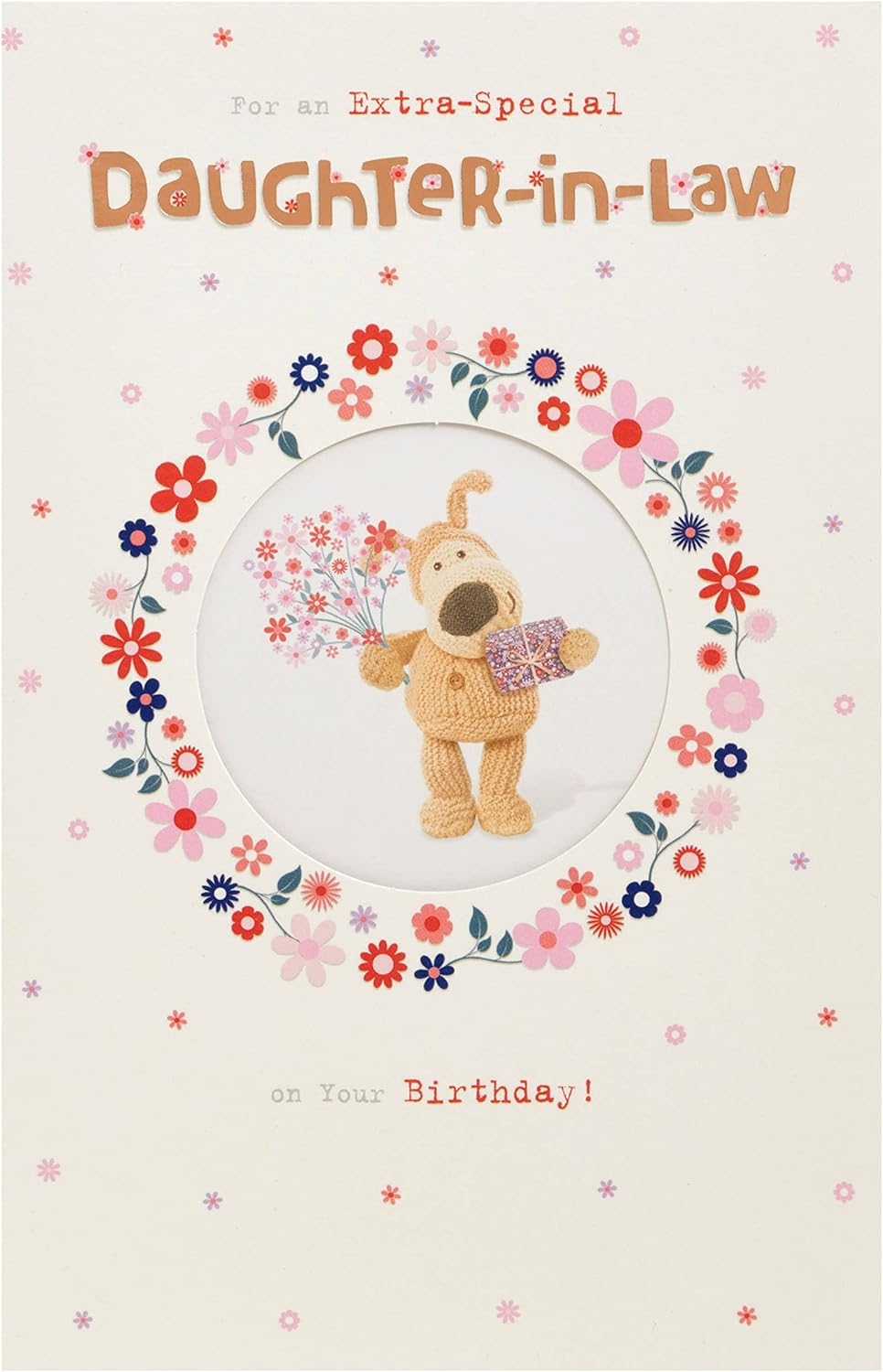 Boofle birthday greeting card for daughter-in-law with envelope, featuring cute design, present, and flowers, 137mm x 210mm.