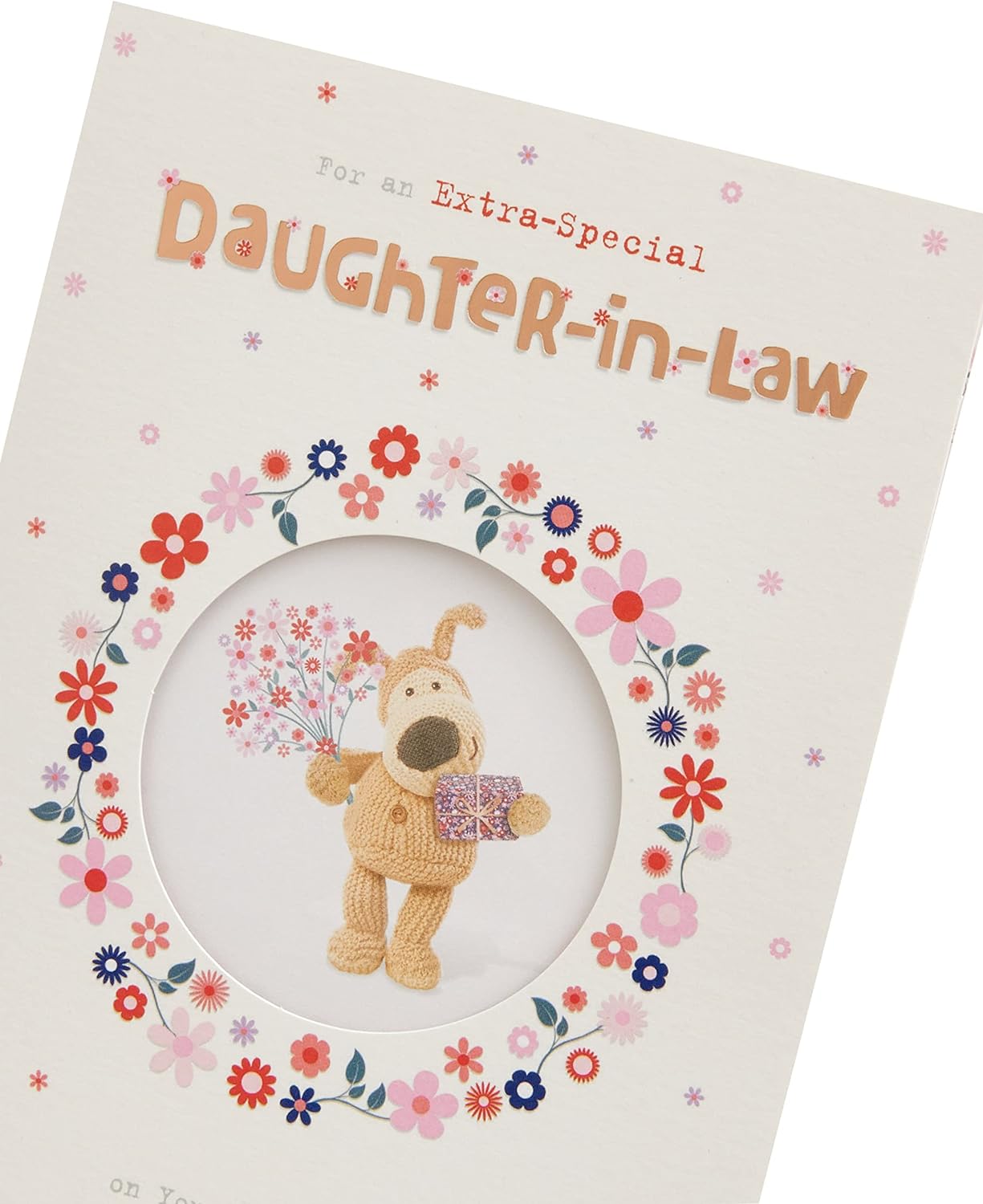 Boofle birthday greeting card for daughter-in-law from UK Greetings with flowers and present design, includes envelope, 137mm x 210mm