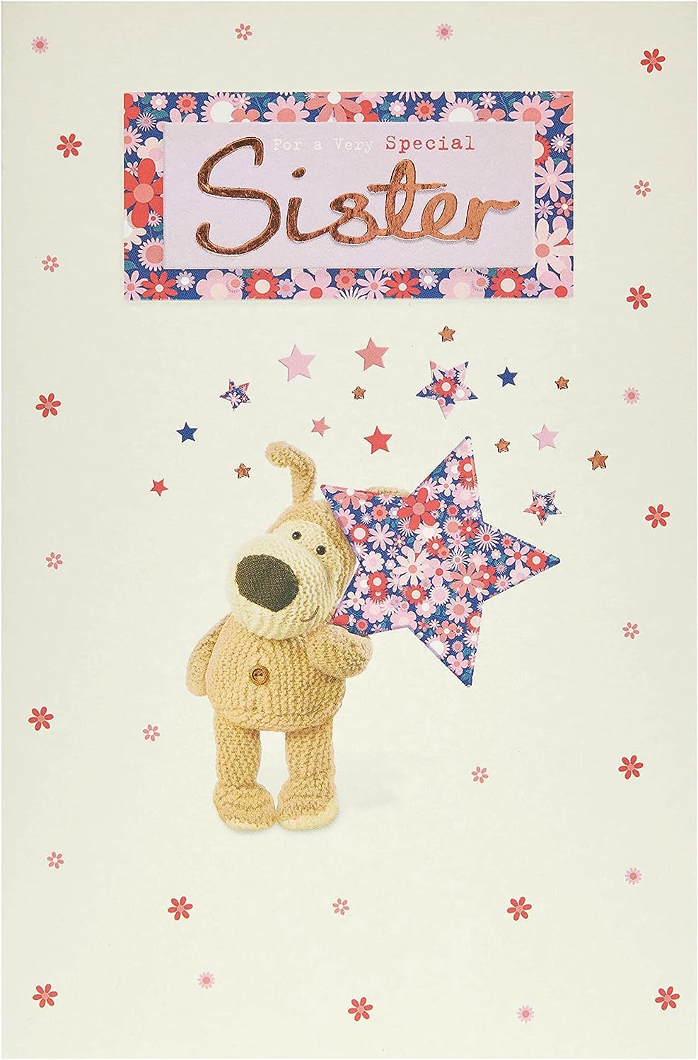 UK Greetings Boofle birthday greeting card for sister featuring a lovable design holding a big star with envelope, colorful and cheerful.