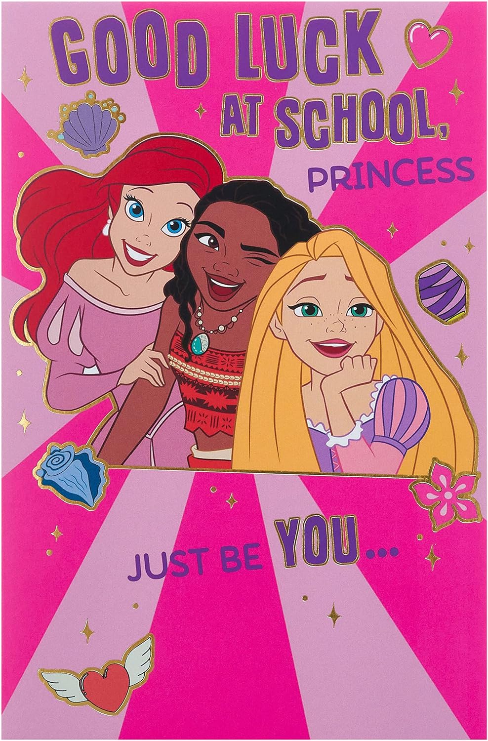 Disney First Day at School greeting card for girls featuring Ariel, Moana, and Rapunzel with envelope, colorful 137mm x 210mm design.