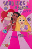 Disney First Day at School greeting card for girls featuring Ariel, Moana, and Rapunzel with envelope, colorful 137mm x 210mm design.
