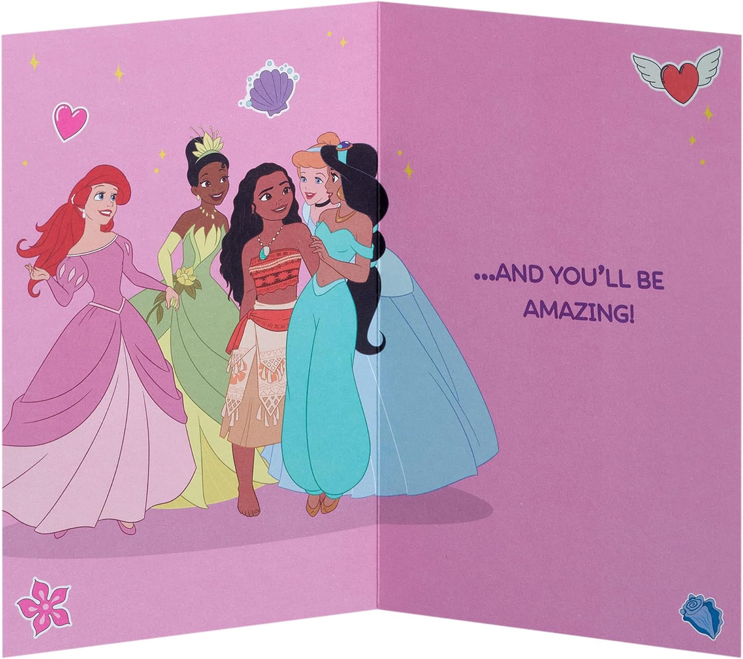 Disney First Day at School greeting card for girls featuring Ariel, Moana, and Rapunzel with an envelope, 137mm x 210mm.