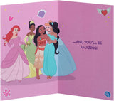 Disney First Day at School greeting card for girls featuring Ariel, Moana, and Rapunzel with an envelope, 137mm x 210mm.