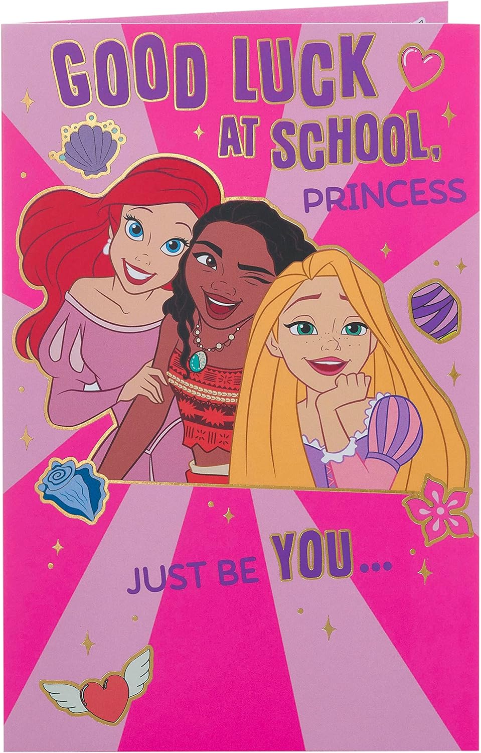 Disney First Day at School greeting card for girls featuring Ariel, Moana, and Rapunzel with envelope, 137mm x 210mm.