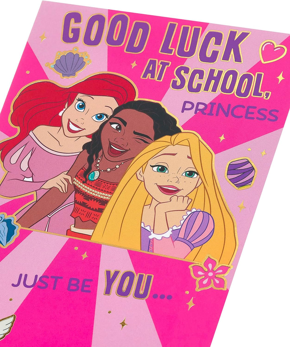 Disney First Day at School greeting card for girls featuring Ariel, Moana, and Rapunzel with envelope, colorful 137mm x 210mm.