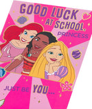 Disney First Day at School greeting card for girls featuring Ariel, Moana, and Rapunzel with envelope, colorful 137mm x 210mm.