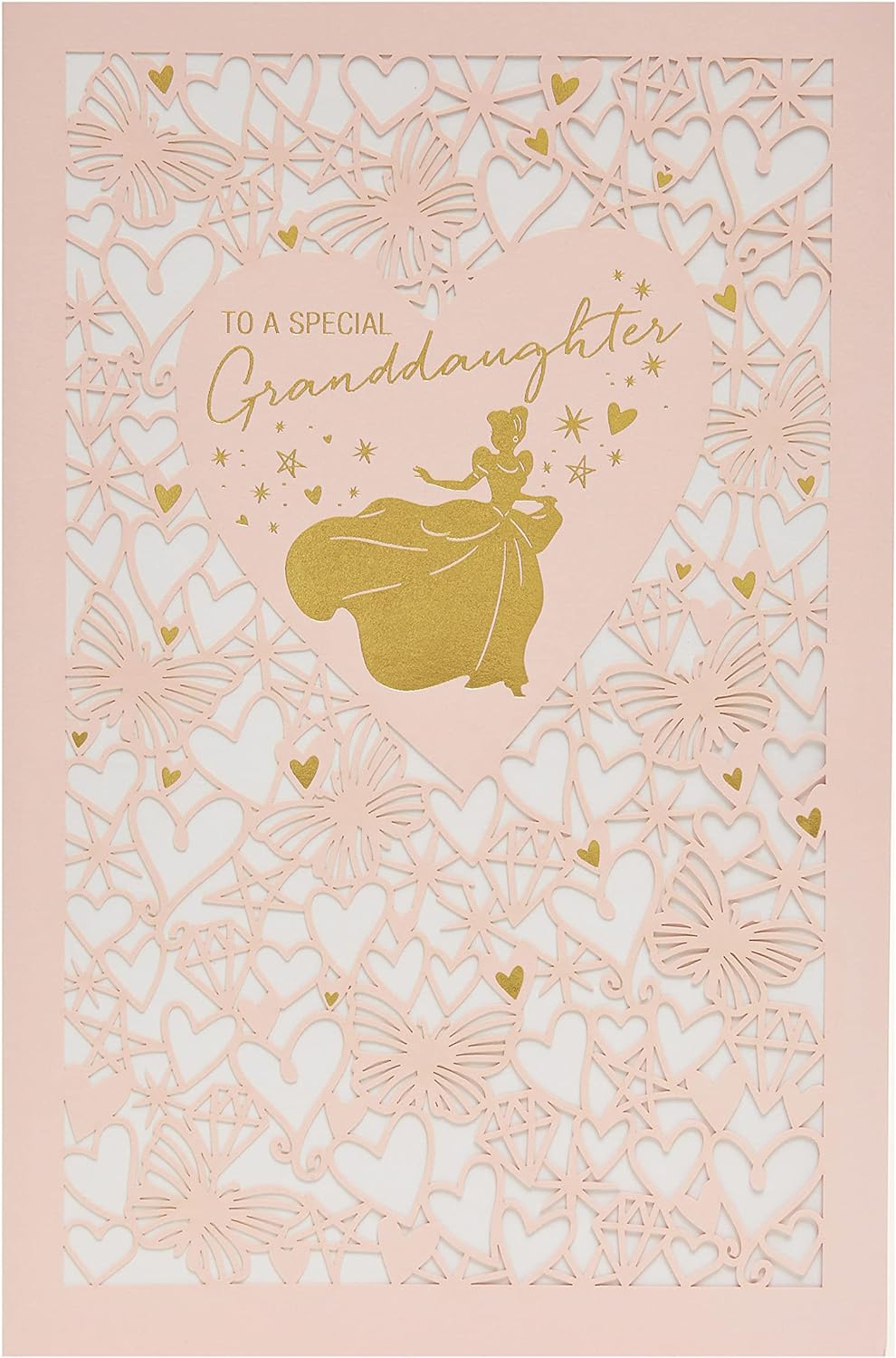 Disney Princess birthday greeting card for granddaughter with love hearts, butterflies, and colorful children's design, includes envelope.