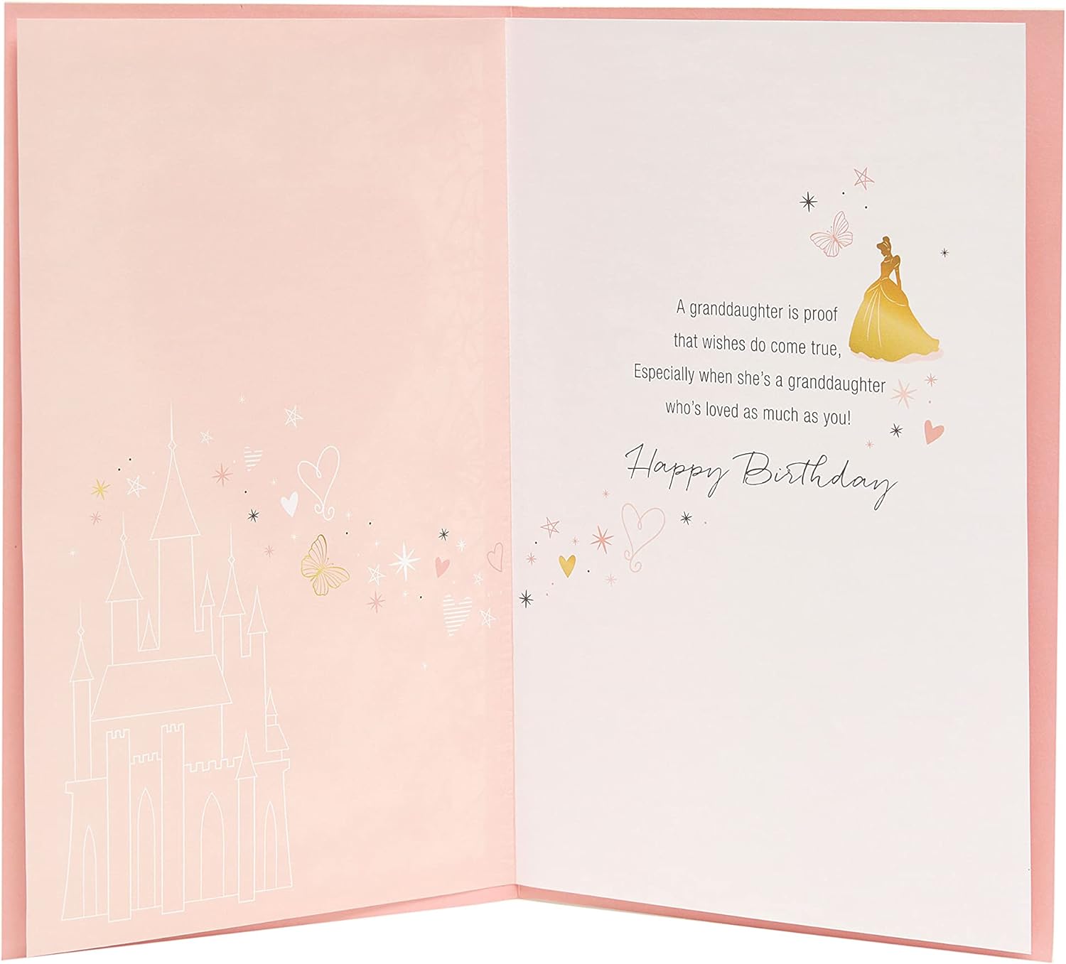 Disney Princess birthday greeting card for granddaughter with love hearts, butterflies, and colorful children's design, includes envelope.