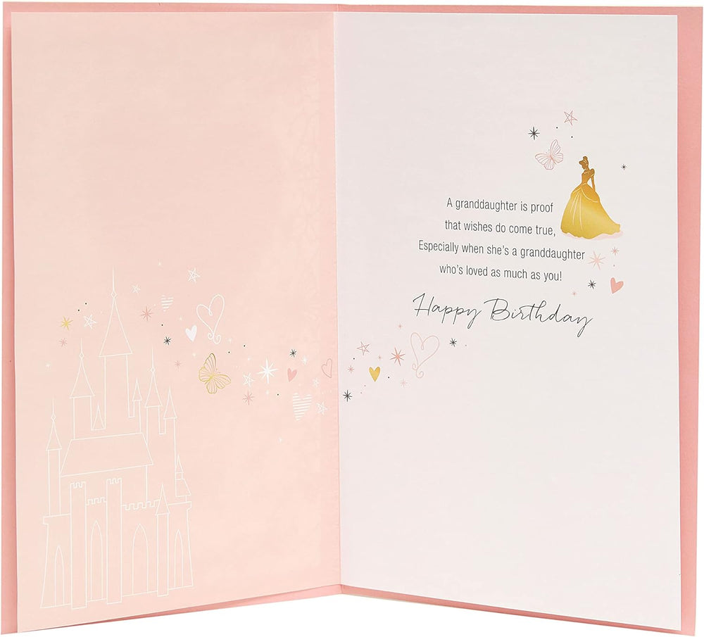Disney Princess birthday greeting card for granddaughter with love hearts, butterflies, and colorful children's design, includes envelope.