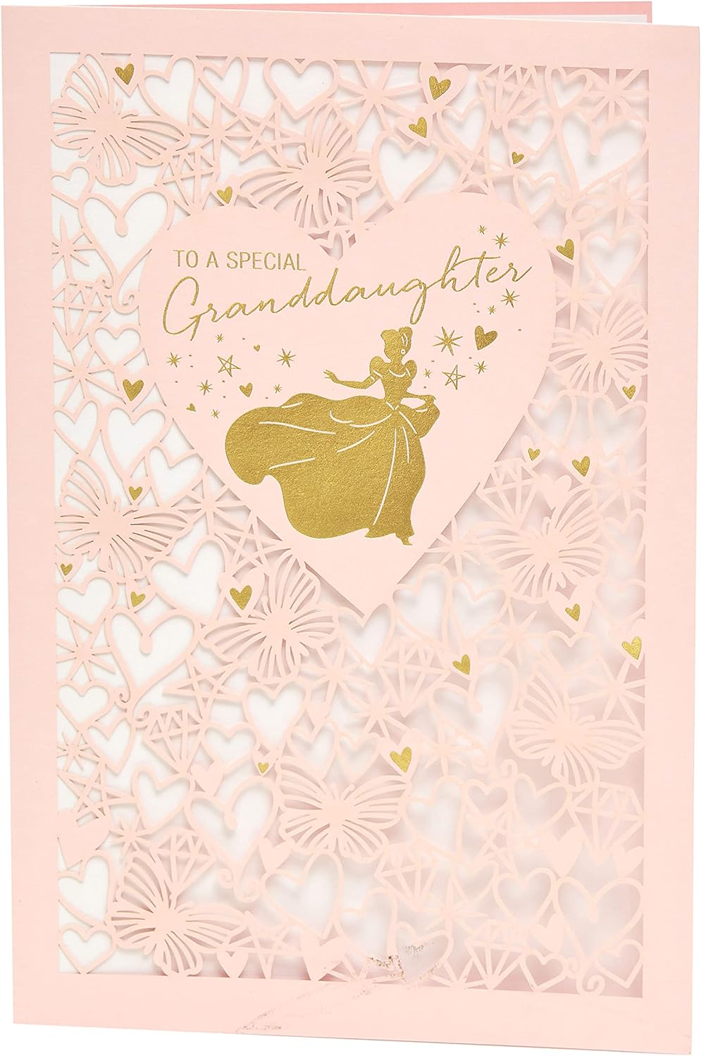 Disney Princess birthday card for granddaughter by UK Greetings, featuring love hearts, butterflies, and a cheerful children's design.
