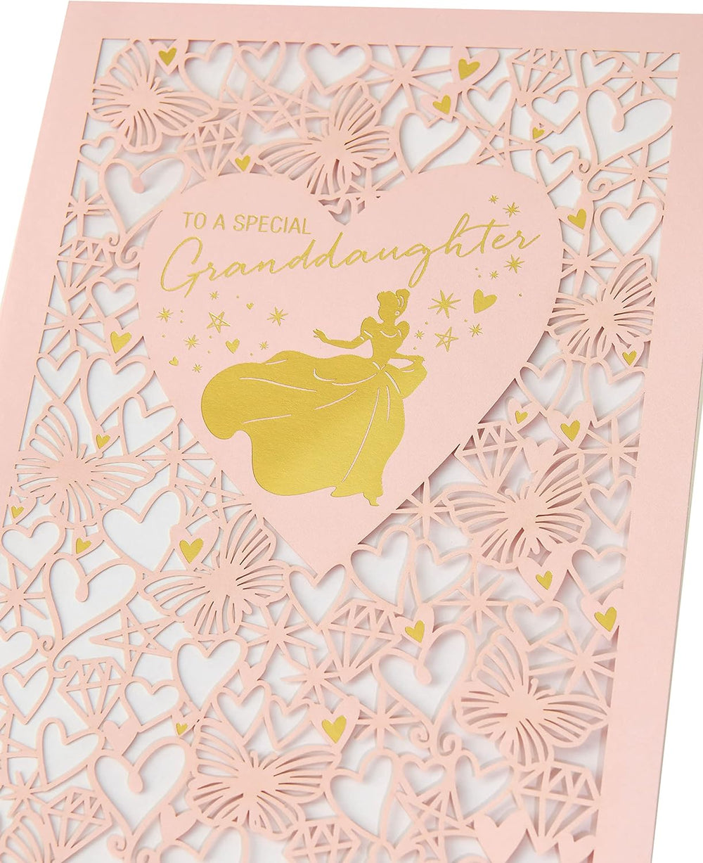 Disney Princess birthday greeting card for granddaughter with love hearts, butterflies, and colorful children's design, includes envelope.