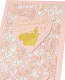 Disney Princess birthday greeting card for granddaughter with love hearts, butterflies, and colorful children's design, includes envelope.