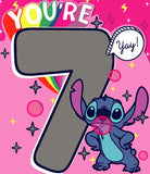 Disney Stitch 7th birthday greeting card for girls, featuring a unique Stitch design and colorful birthday message.