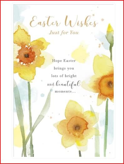 Easter greeting card with daffodils and bright Easter wishes from UK Greetings, featuring colorful floral illustrations.
