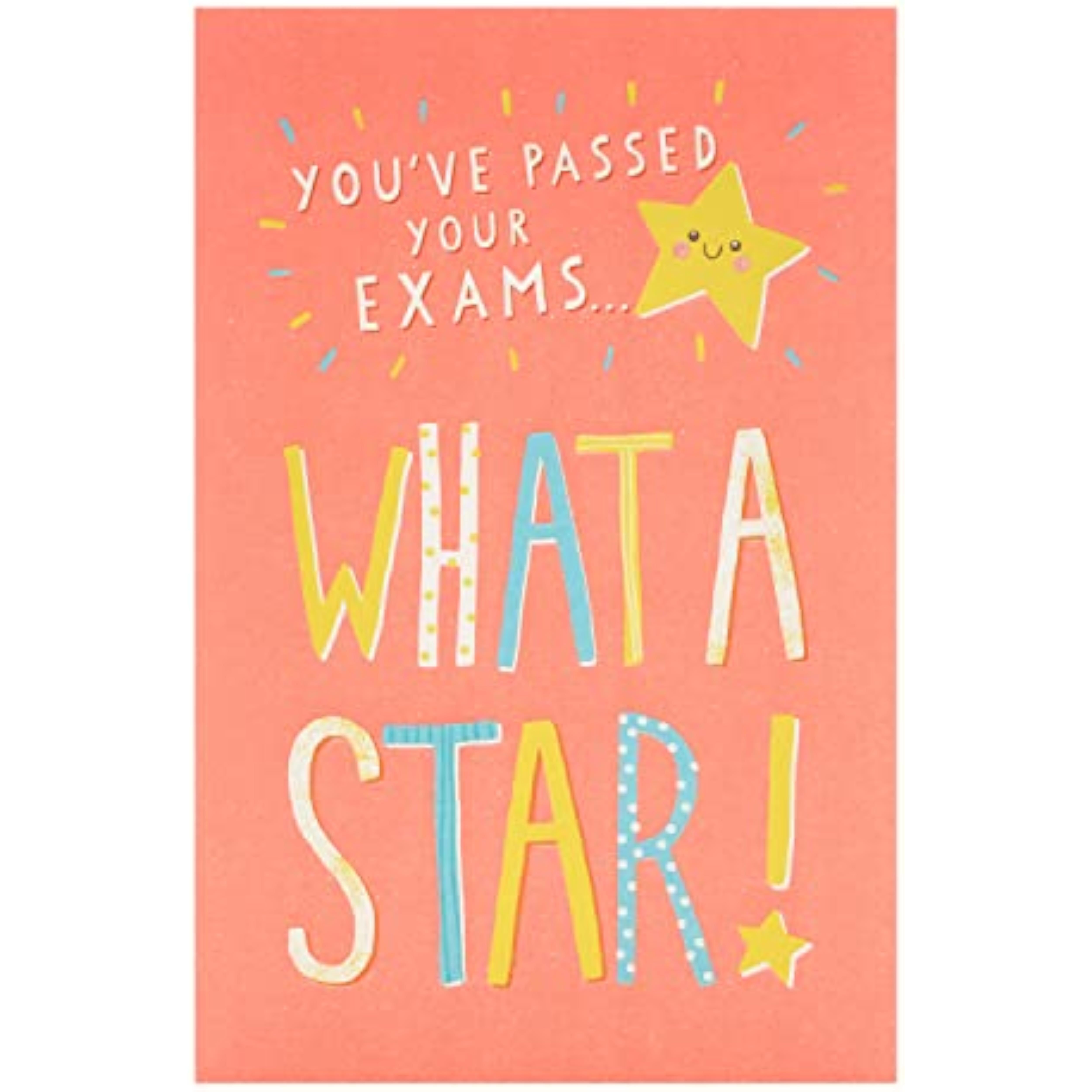 UK Greetings Exams Pass Congratulations Card with colorful design celebrating exam success and passing results.