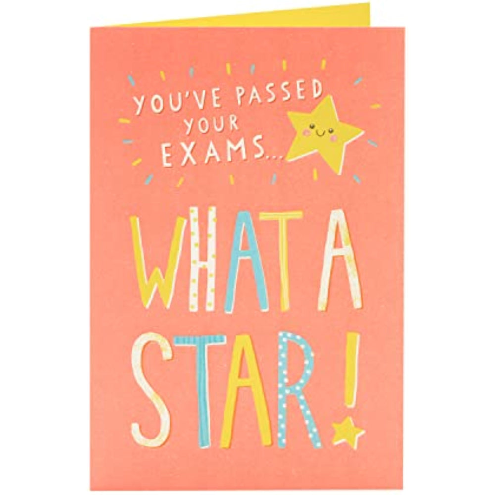 UK Greetings Exams Pass Congratulations Card featuring colorful designs and celebratory message for passing exams.