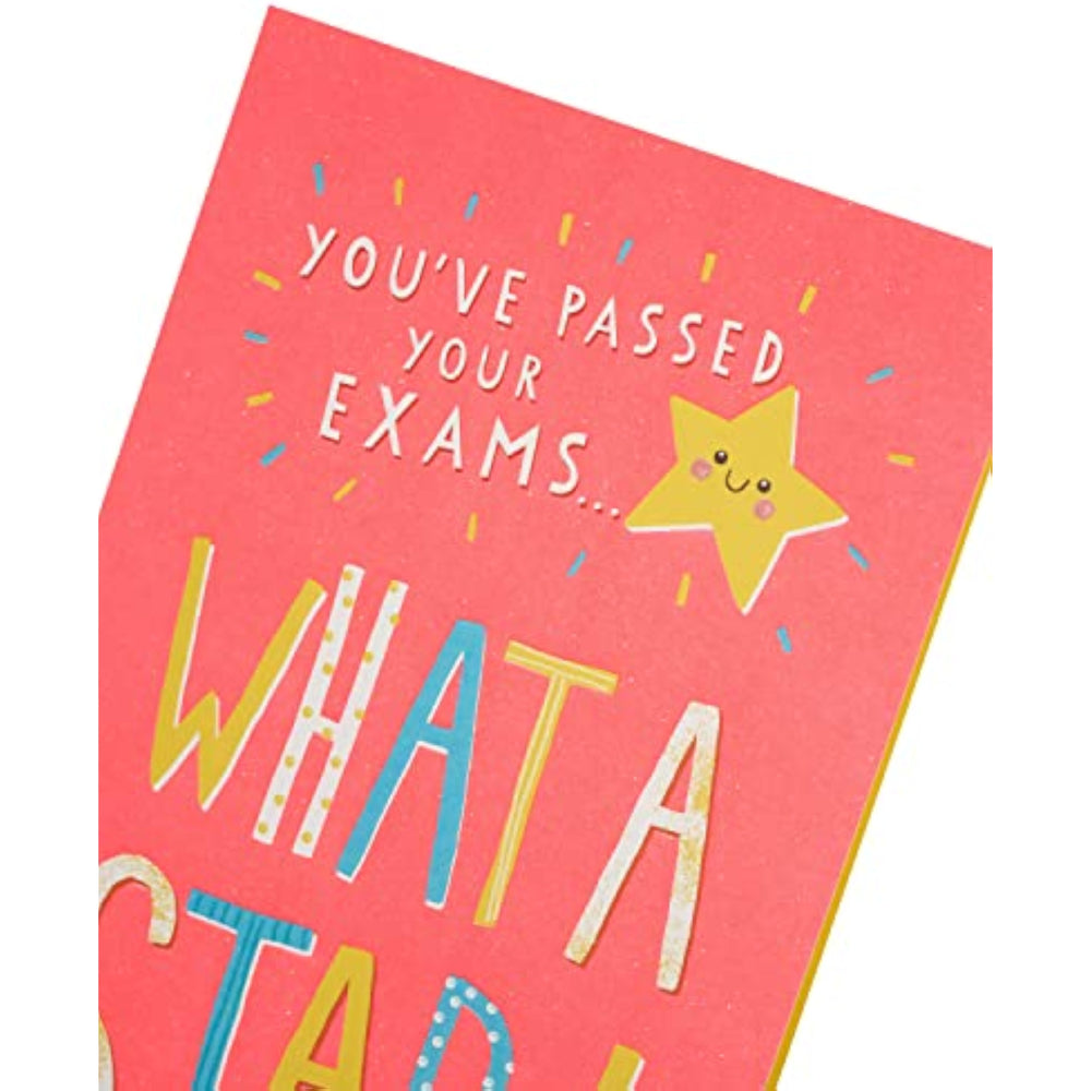 UK Greetings Exams Pass Congratulations Card, colorful greeting card celebrating exam success with cheerful design.