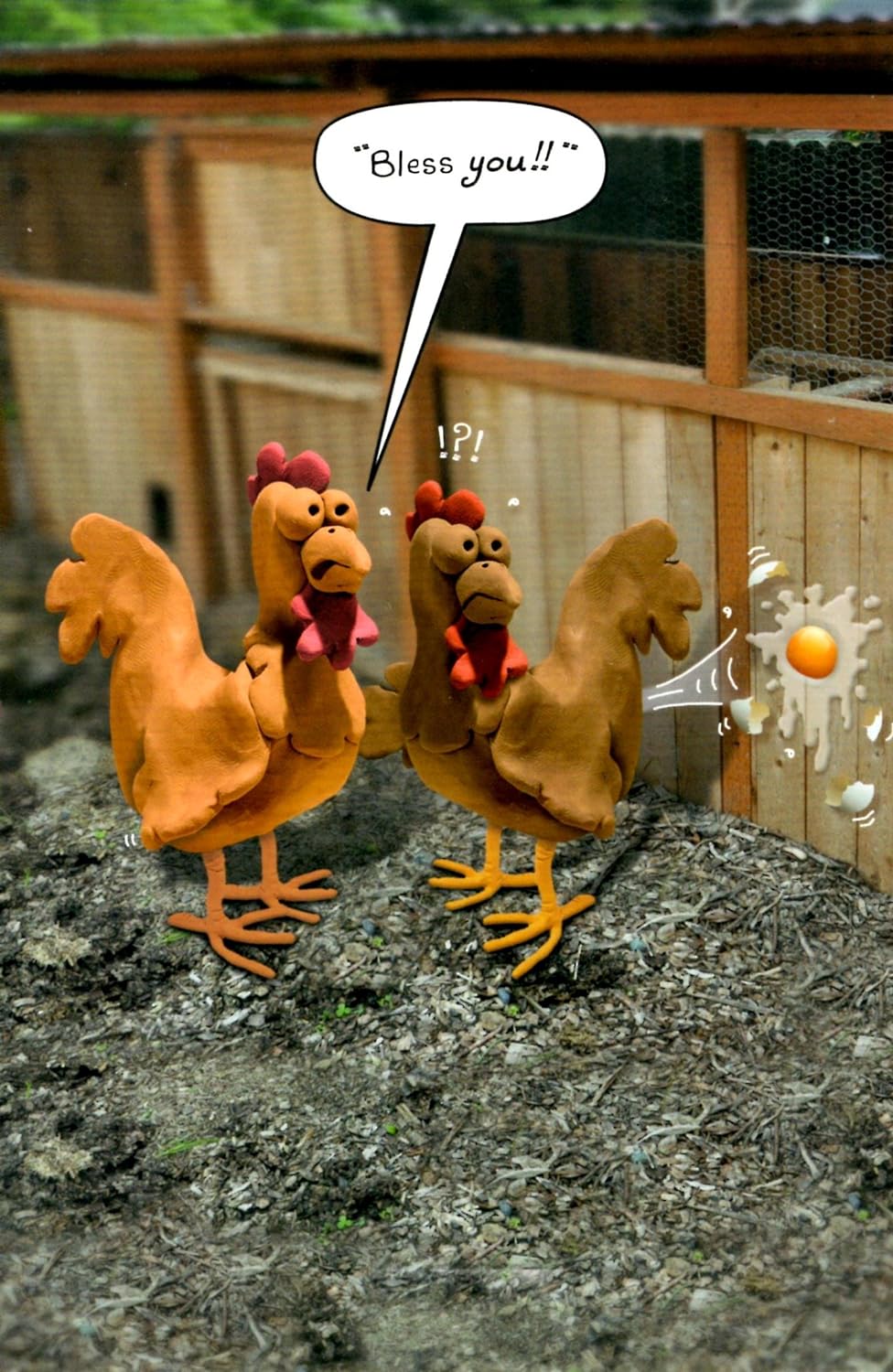 Funny birthday greeting card for him featuring a humorous chicken joke, from UK Greetings, with a brown design and playful illustration.