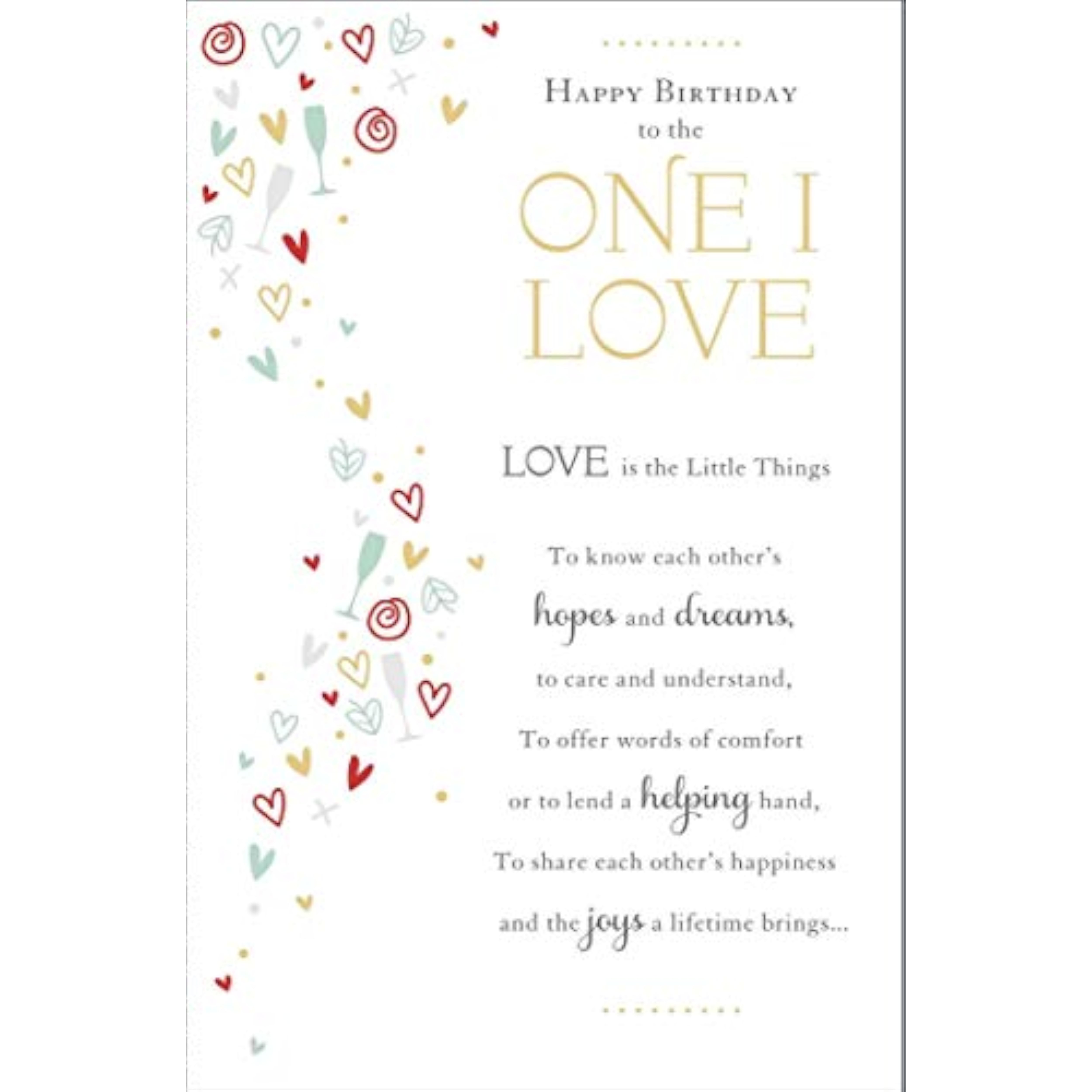 UK Greetings birthday greeting card from the Thinking of You Range featuring hearts and champagne illustrations.