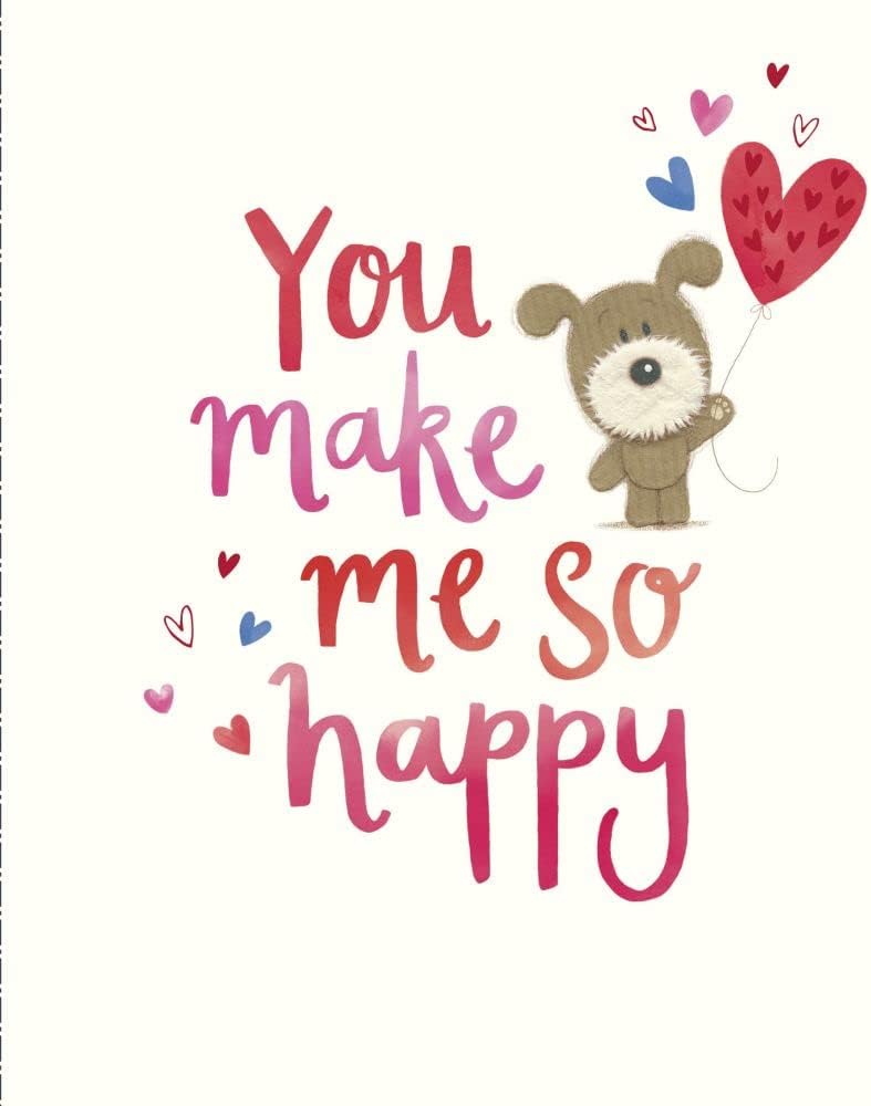 Open Valentine's Day greeting card by UK Greetings featuring a dog holding a heart-shaped balloon with red foil finish.