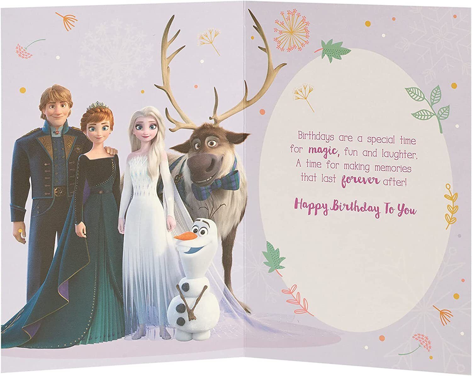Princess Elsa Disney Princess birthday greeting card featuring Elsa in a winter scene, designed for girls' birthday celebrations.