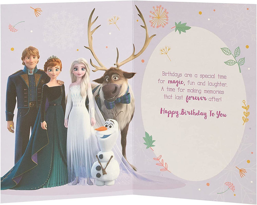 Princess Elsa Disney Princess birthday greeting card featuring Elsa in a winter scene, designed for girls' birthday celebrations.