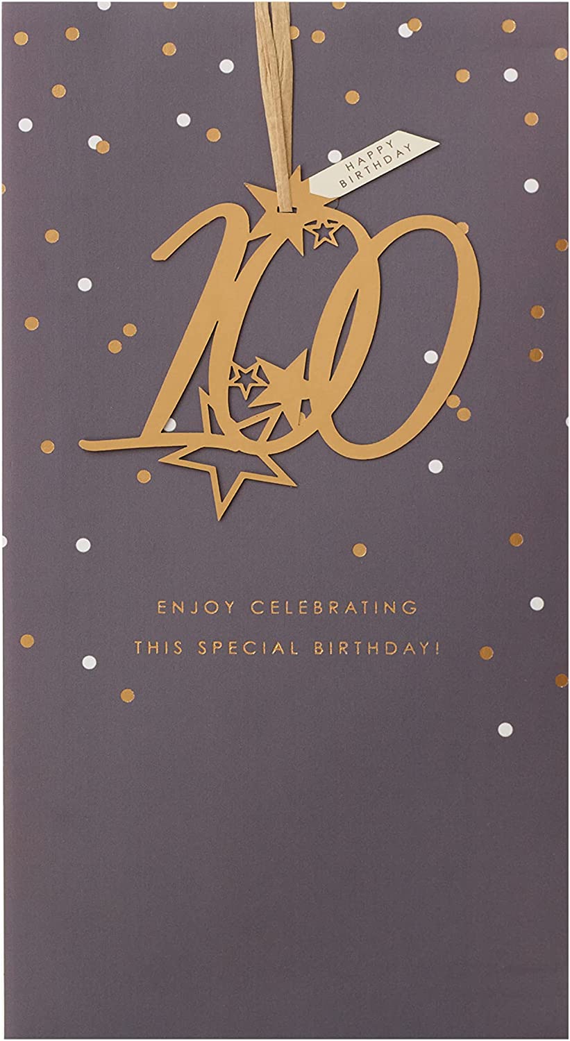 UK Greetings 100th Birthday greeting card with a detachable keepsake, featuring colorful birthday message and decorative design.