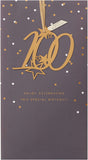 UK Greetings 100th Birthday greeting card with a detachable keepsake, featuring colorful birthday message and decorative design.