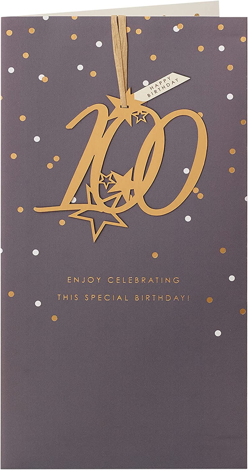 UK Greetings 100th Birthday greeting card with a detachable keepsake feature, designed for celebrating a milestone birthday.