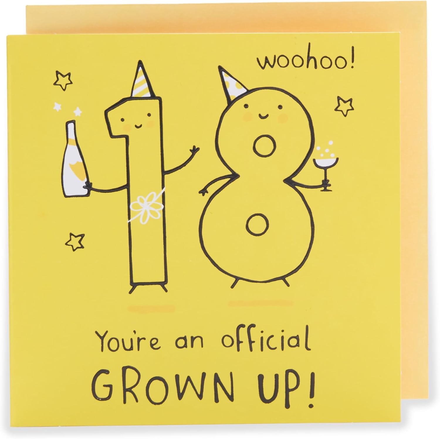 UK Greetings 18th birthday greeting card for him, her, or friends featuring a bright yellow design and celebratory message.