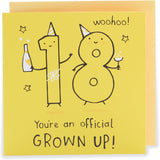 UK Greetings 18th birthday greeting card for him, her, or friends featuring a bright yellow design and celebratory message.