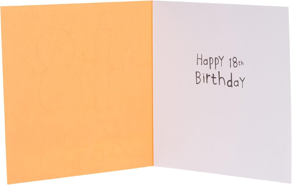 UK Greetings 18th birthday greeting card for him, her, or friends with a bright yellow design and celebratory message.