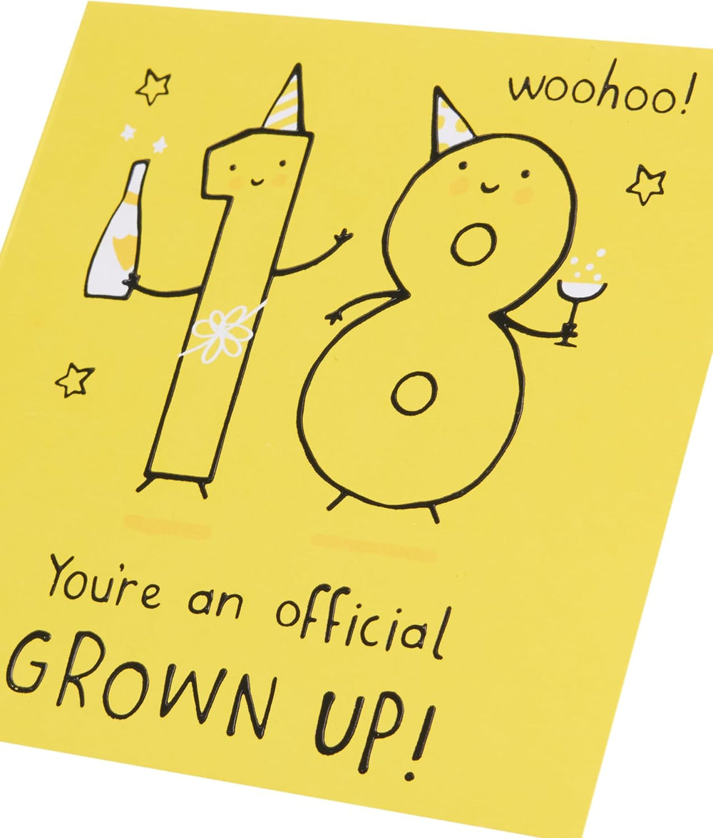 UK Greetings 18th birthday greeting card for him, her, or friend featuring a bright yellow design and festive message.