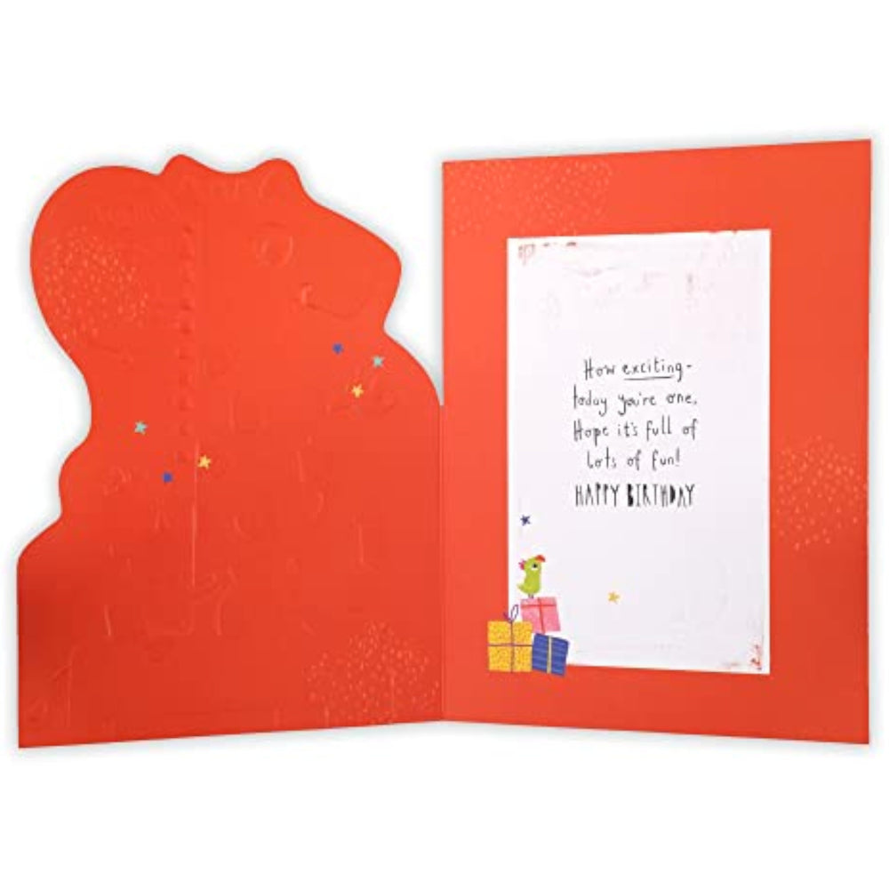 UK Greetings 1st Birthday Card featuring colorful birthday-themed illustrations, perfect for celebrating a child's first birthday.