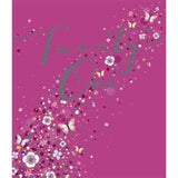 UK Greetings 21st birthday card featuring pink flowers and butterflies with colorful floral design on the front.