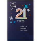UK Greetings 21st Son birthday greeting card with colorful design and cheerful message, perfect for celebrating a son's milestone.