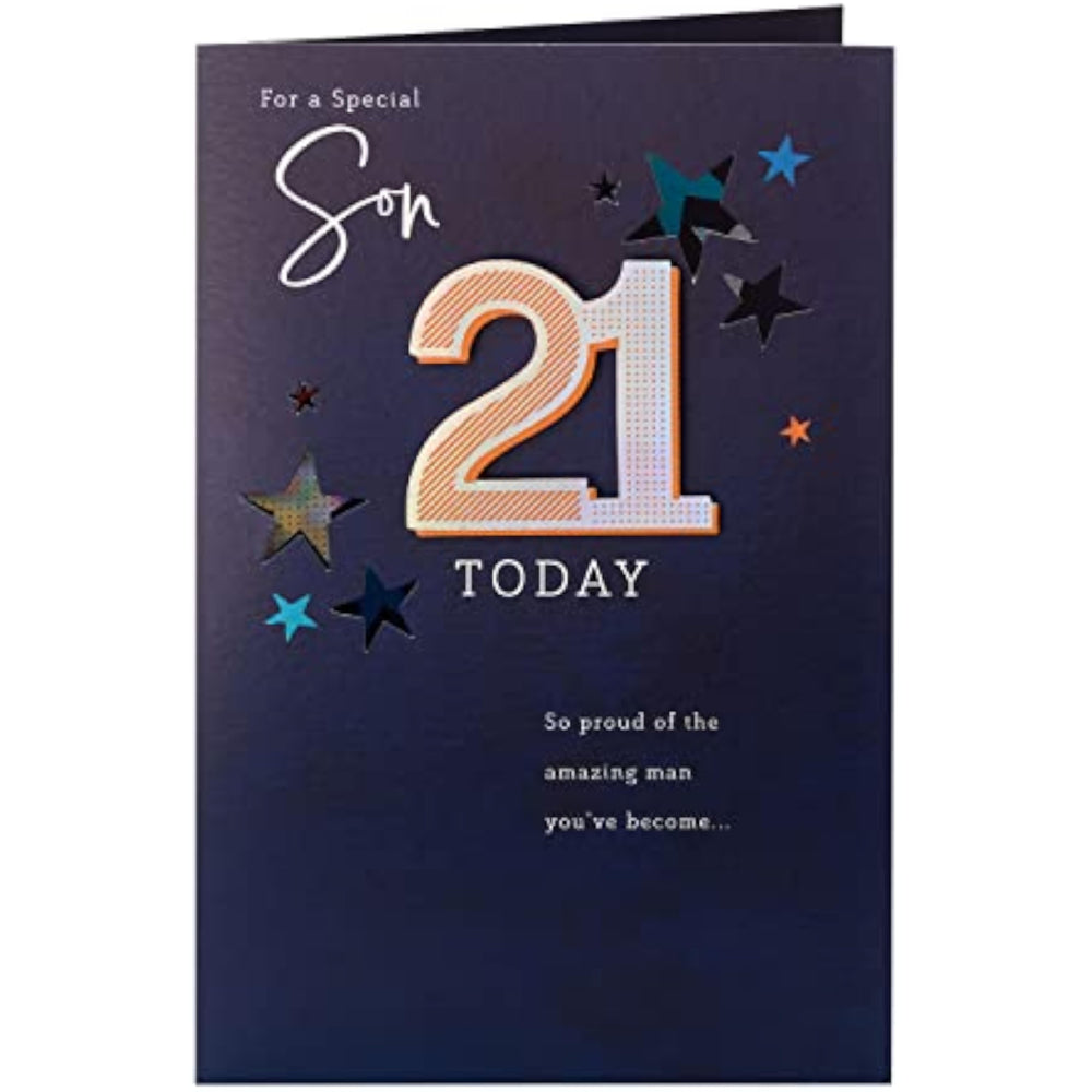 UK Greetings 21st Son birthday greeting card with colorful design and cheerful message for celebrating a son's 21st birthday