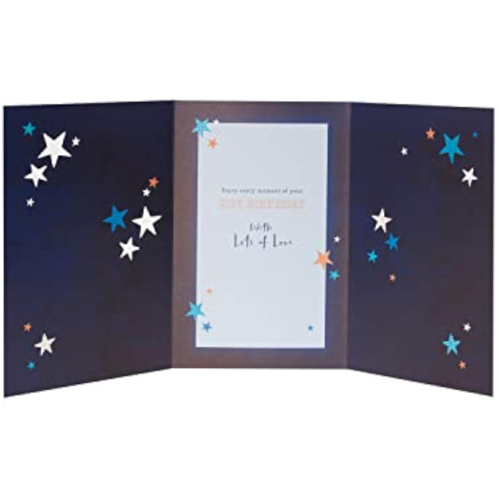 UK Greetings 21st Son birthday card, colorful greeting card featuring festive design and message for son's milestone celebration.