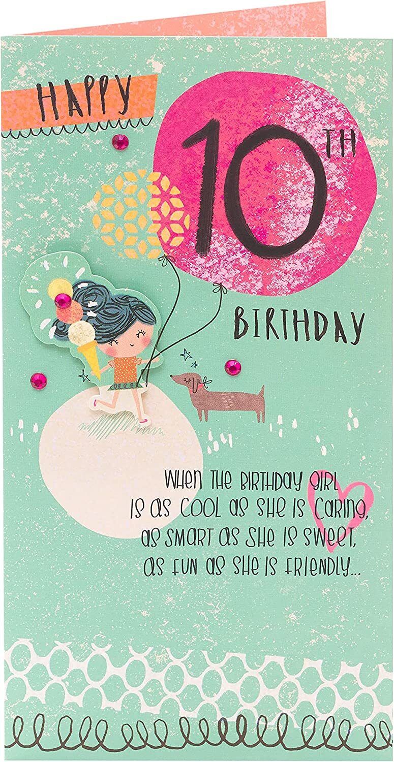 UK Greetings 3D Elements Design 10th Birthday Card, colorful greeting card with textured 3D elements for celebrating a 10th birthday.