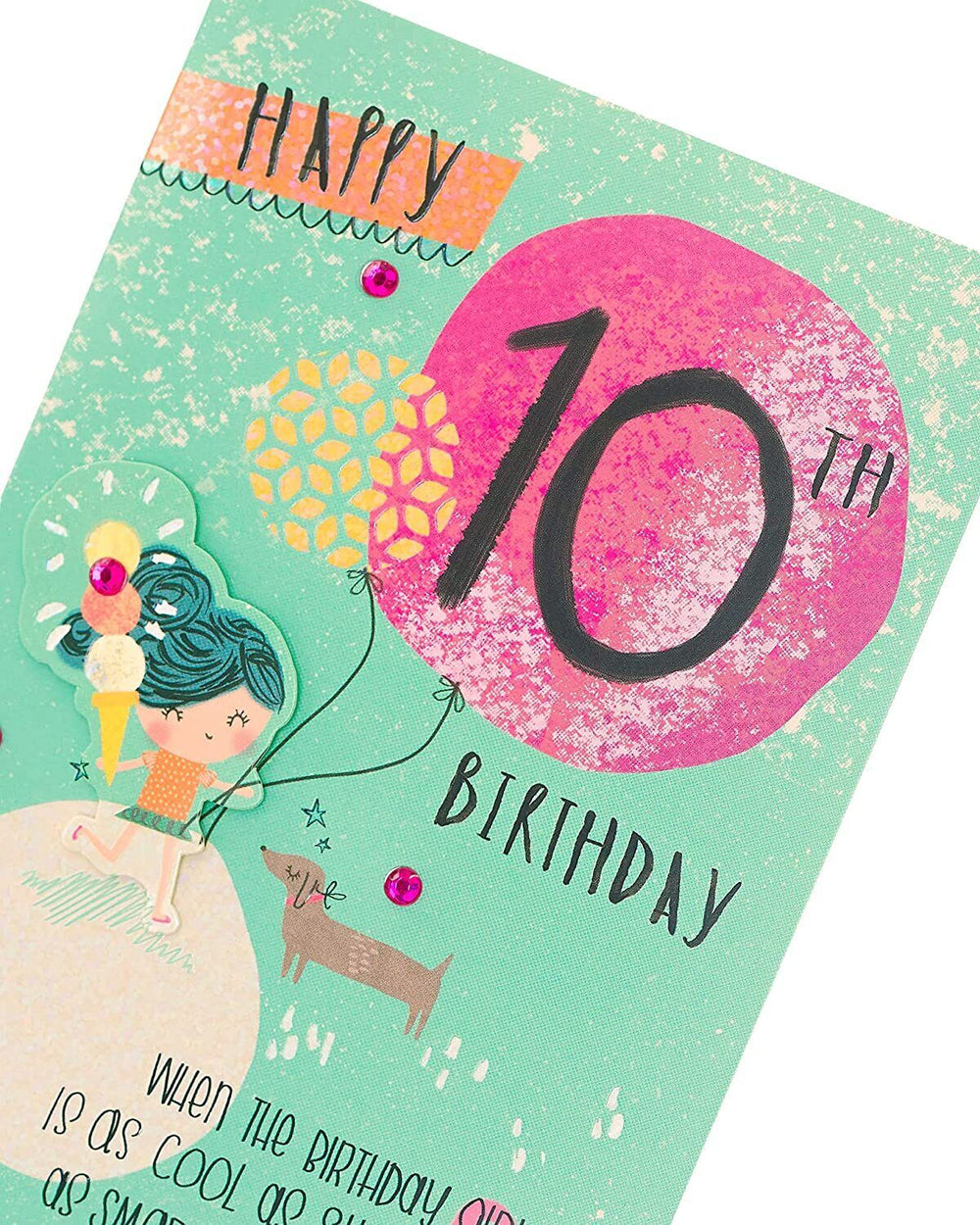UK Greetings 3D Elements Design 10th Birthday Card showing colorful 3D birthday illustrations on a festive greeting card