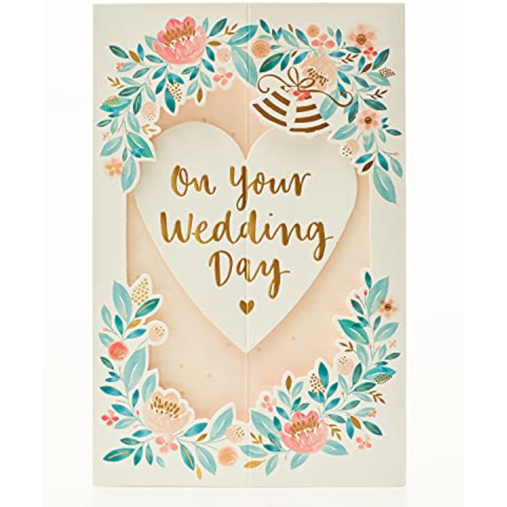UK Greetings 3D pop-up floral wedding card showcasing a vibrant floral design and intricate wedding-themed pop-up elements.