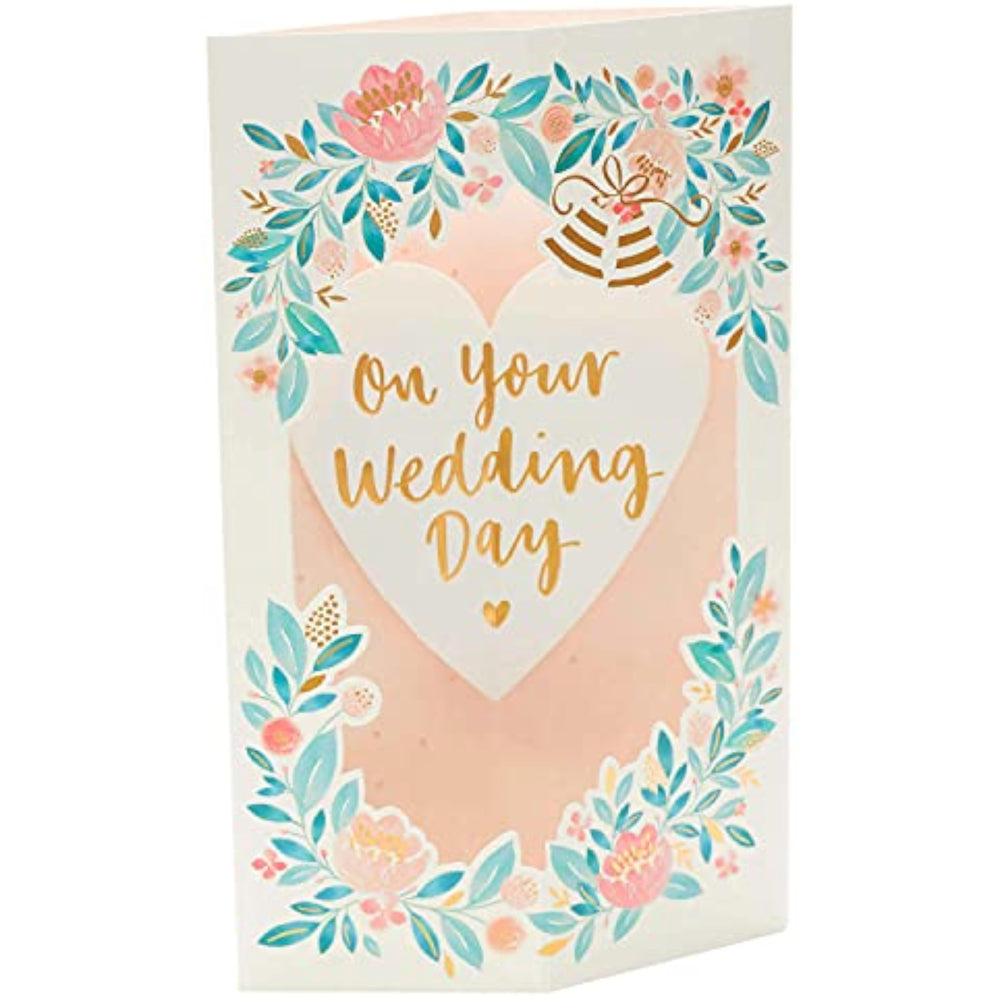 UK Greetings 3D pop-up floral wedding greeting card featuring intricate floral designs and elegant wedding-themed artwork.