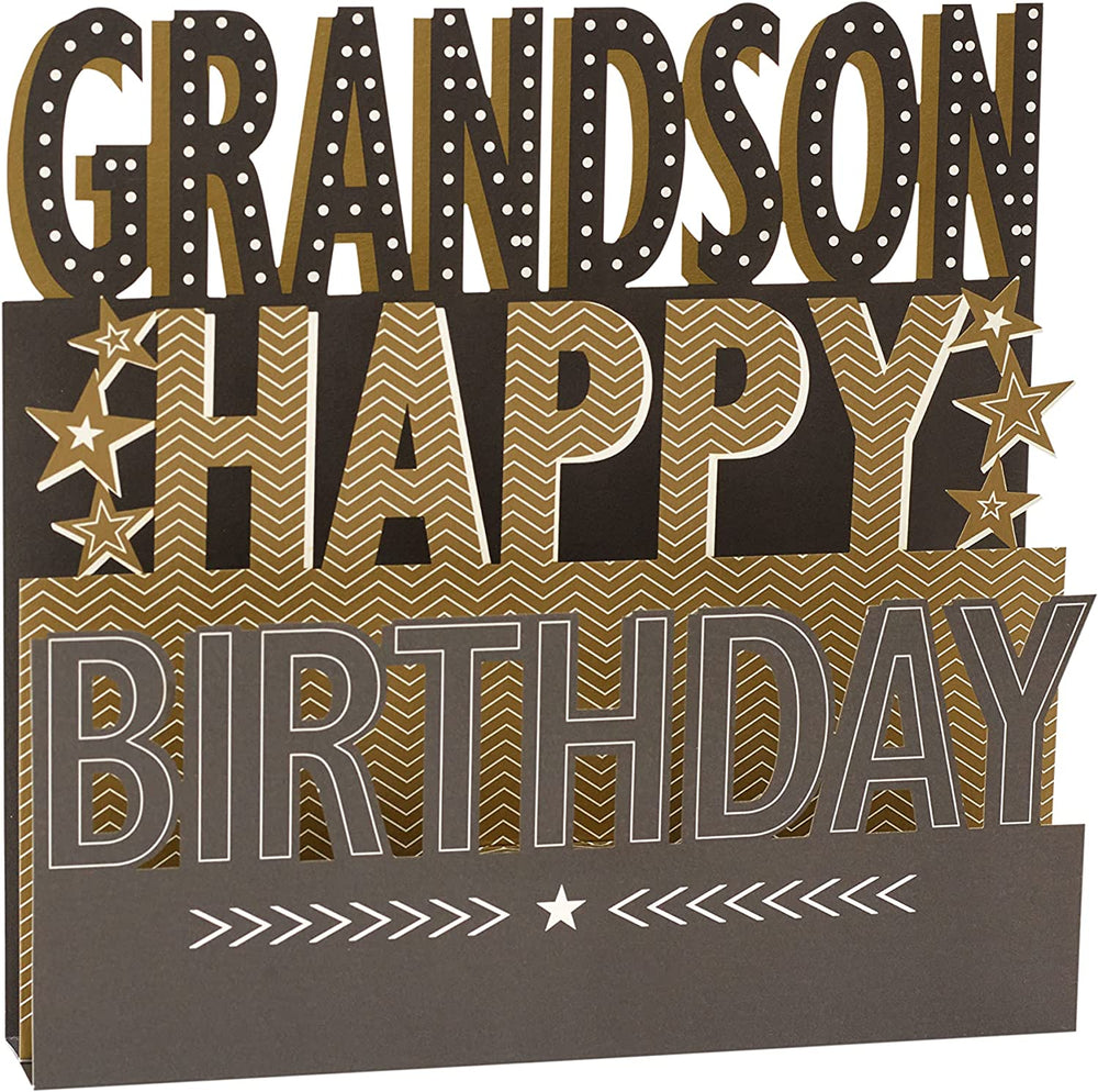UK Greetings 3D pop-up grandson birthday card featuring vibrant, detailed design for special celebration occasions.