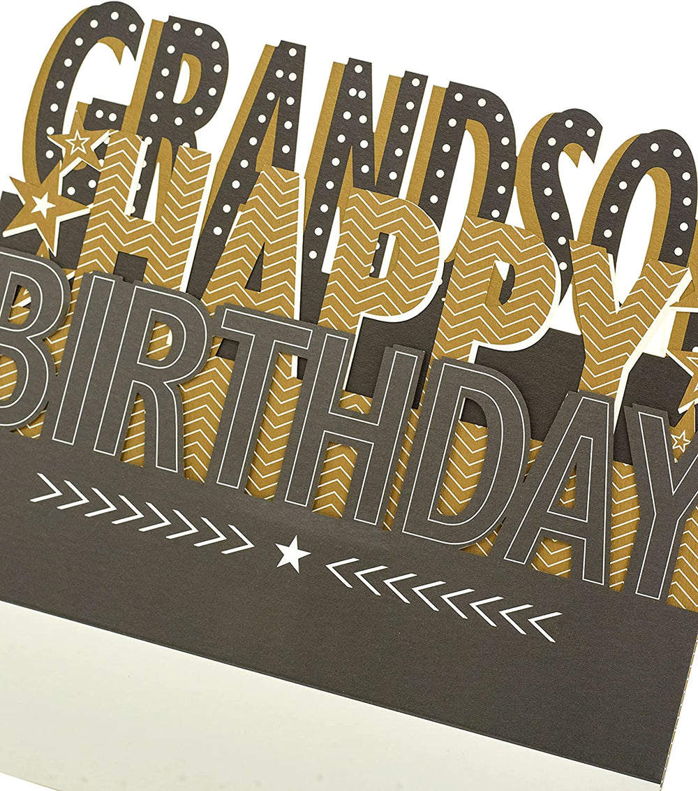 UK Greetings 3D pop-up grandson birthday card with colorful design and cheerful imagery for celebrating a special occasion.