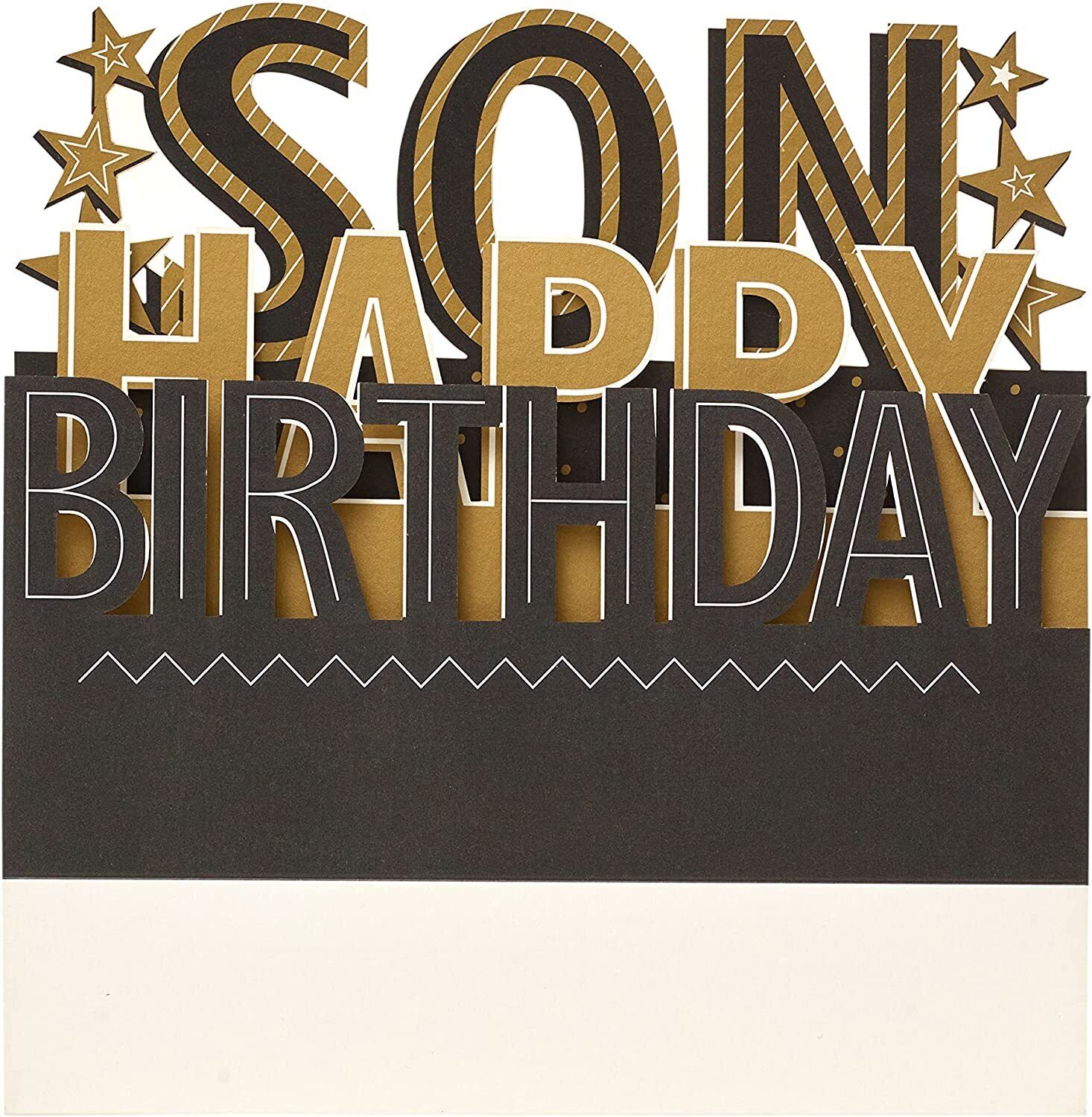 UK Greetings 3D pop-up Son birthday card featuring colorful, intricate design and cheerful birthday message inside.