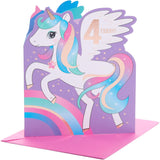 UK Greetings 4-year-old girl unicorn birthday card featuring colorful unicorn illustrations on a cheerful greeting card.
