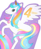 UK Greetings 4-year-old girl unicorn birthday card with colorful unicorn illustration and cheerful design.