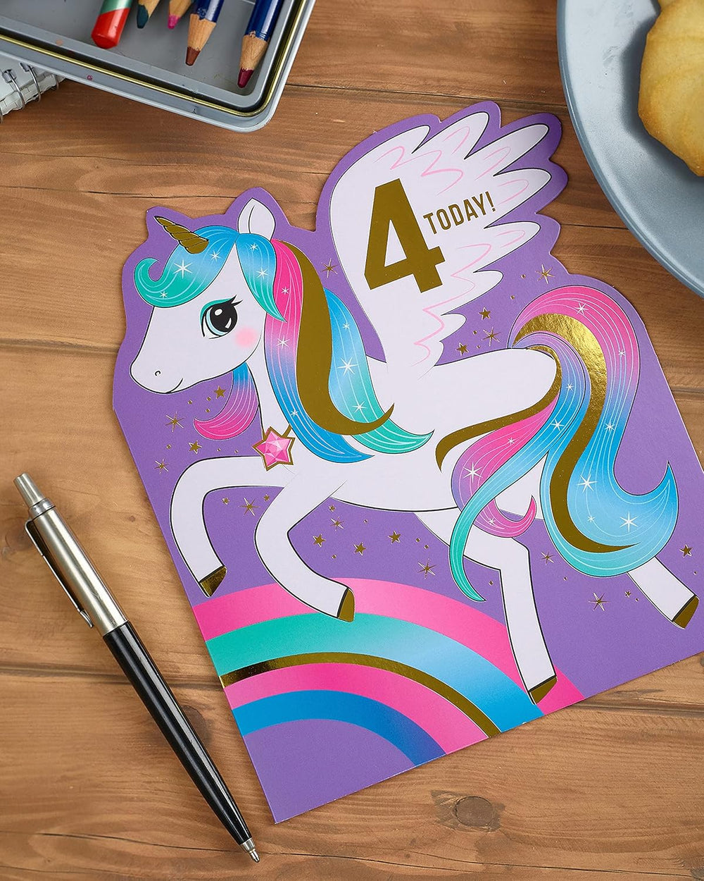 UK Greetings 4 Year Old Girl Unicorn Birthday Card featuring colorful unicorn illustration and cheerful design for young children